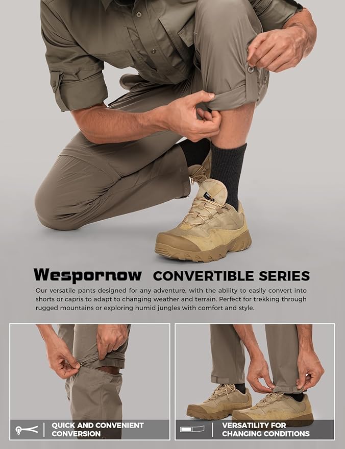 Wespornow Men's-Convertible-Hiking-Pants Quick Dry Lightweight Zip Off Breathable Cargo Pants for