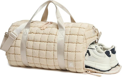 Quilted Duffel Bag for Women, Puffer Gym Duffle Bag with Shoe Compartment Lightweight Large