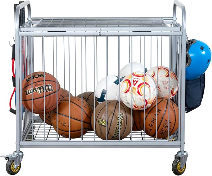 MyGift Large Capacity Metal Rolling Multi Sports Ball Cage Storage Hopper, Gym Equipment Basket