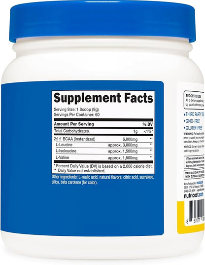 Nutricost BCAA Powder (Pineapple, 60 Servings) - Optimal 2:1:1 Ratio