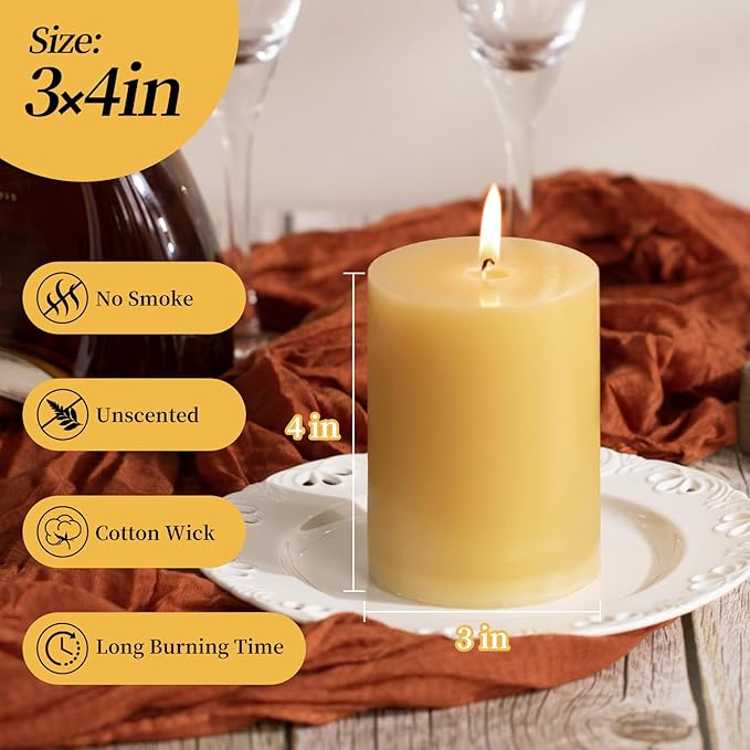 KONNI Mustard Yellow Pillar Candles Set of 3, 3"x 4" Unscented Pillar Candles Bulk, 39 Hours Long
