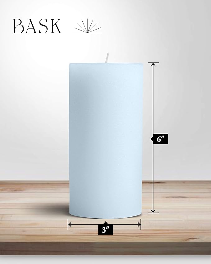 Mottled Pillar Candles by Bask - Set of 6-3" x 6" Dripless Unscented Candles in Light Blue for Home