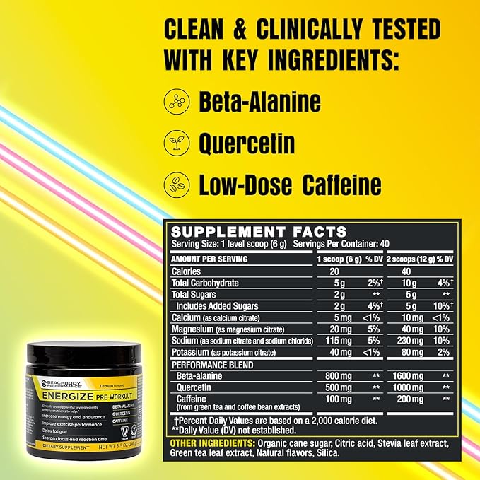 BODi Energize Pre Workout Powder - Beta-Alanine, Quercetin & Low-Dose Caffeine Formula for Enhanced