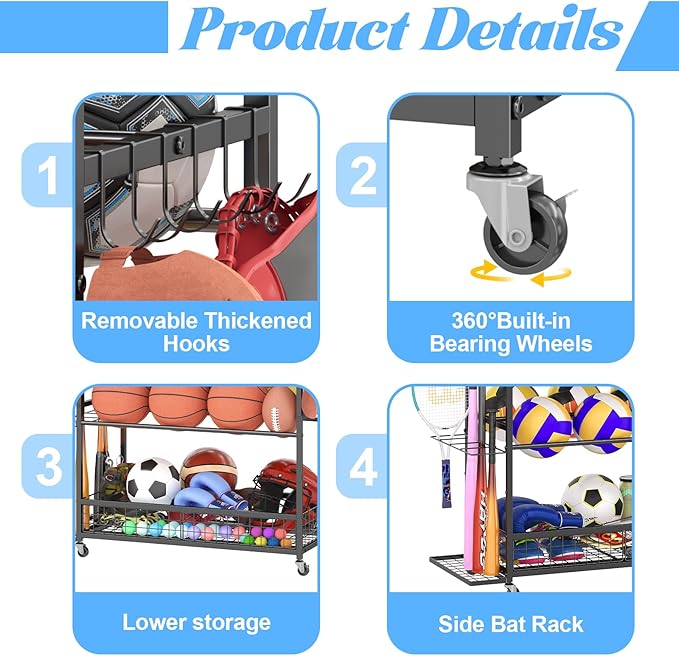 Garage Sports Equipment Storage Rack,Wheeled Sports Ball Storage Box,Double-Tier Double-Row