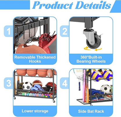 Garage Sports Equipment Storage Rack,Wheeled Sports Ball Storage Box,Double-Tier Double-Row