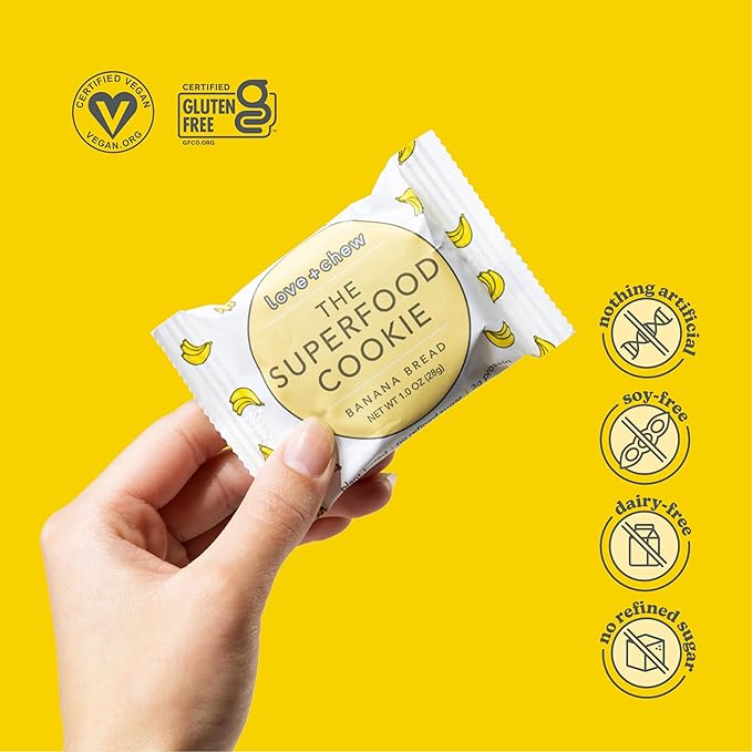 Love + Chew Soft Baked Protein Cookies, Gluten Free | (18) Count Banana Bread Minis | Vegan, Paleo