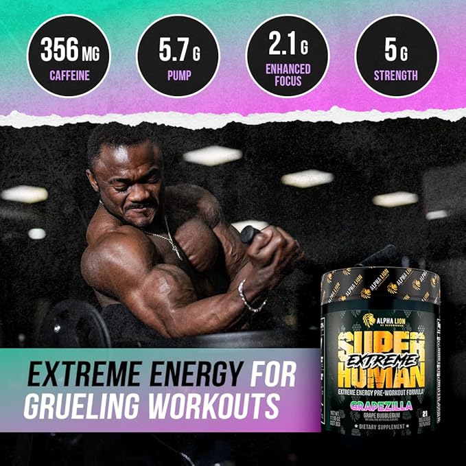ALPHA LION Superhuman Extreme High Stim Pre Workout Powder, Beta Alanine, L-Taurine & 356mg