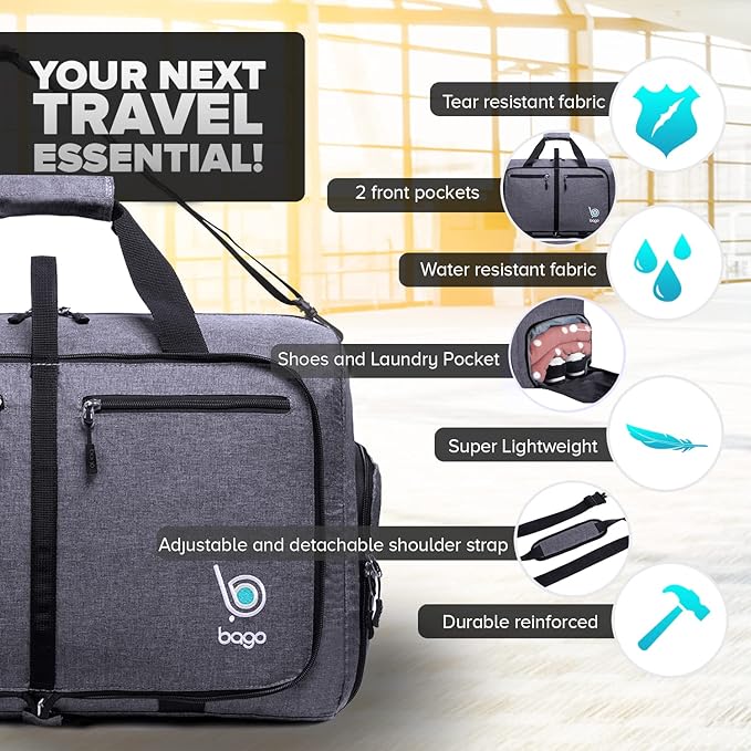 Bago Foldable Duffel Bags for Traveling Women & Men - 40L Sports Packable Duffle Bag for Travel