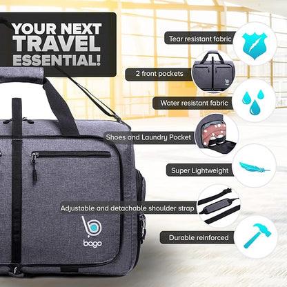 Bago Foldable Duffel Bags for Traveling Women & Men - 40L Sports Packable Duffle Bag for Travel