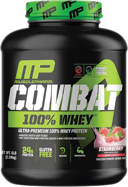 MusclePharm Combat 100% Whey Protein Powder, Strawberry Cream Flavor, Fast Recovery & Muscle Gain