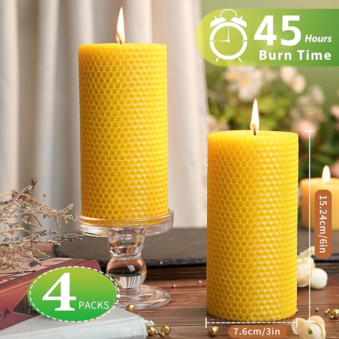 4 Packs 3x6 Inch Beeswax Candles, Large Honeycomb Beeswax Pillar Candles, 45 Hours Burn Time
