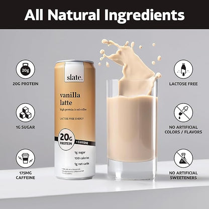 Slate Milk - High Protein Iced Coffee - Vanilla Latte - 175mg Caffeine, Lactose Free Energy - 20g