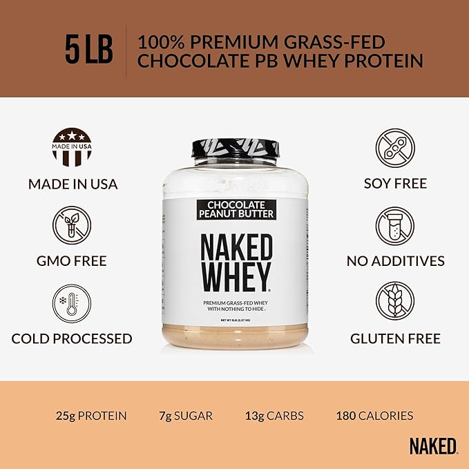 NAKED Whey Chocolate Peanut Butter Grass Fed Whey Protein Powder, No GMO, No Soy, and Gluten Free