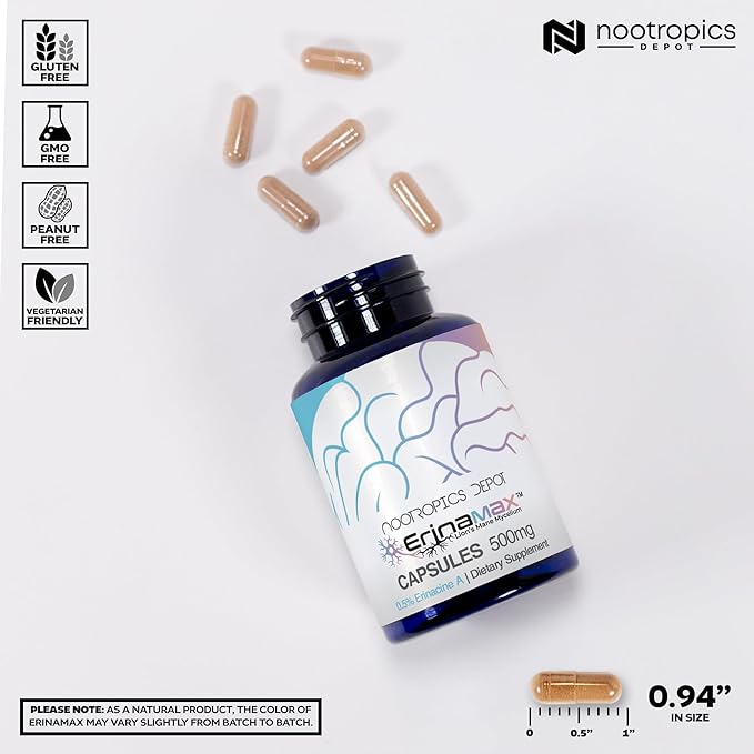Nootropics Depot Erinamax Lion's Mane 500mg Capsules | Liquid Culture Mycelium | 2.5mg Erinacine A
