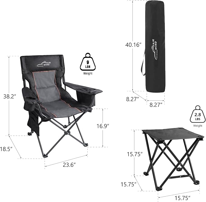 FAIR WIND Oversized Padded Camping Chair with Footrest Stool Set Heavy Duty Support 300 LBS Cooler