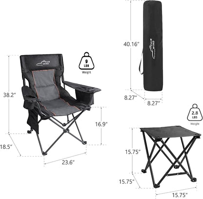 FAIR WIND Oversized Padded Camping Chair with Footrest Stool Set Heavy Duty Support 300 LBS Cooler