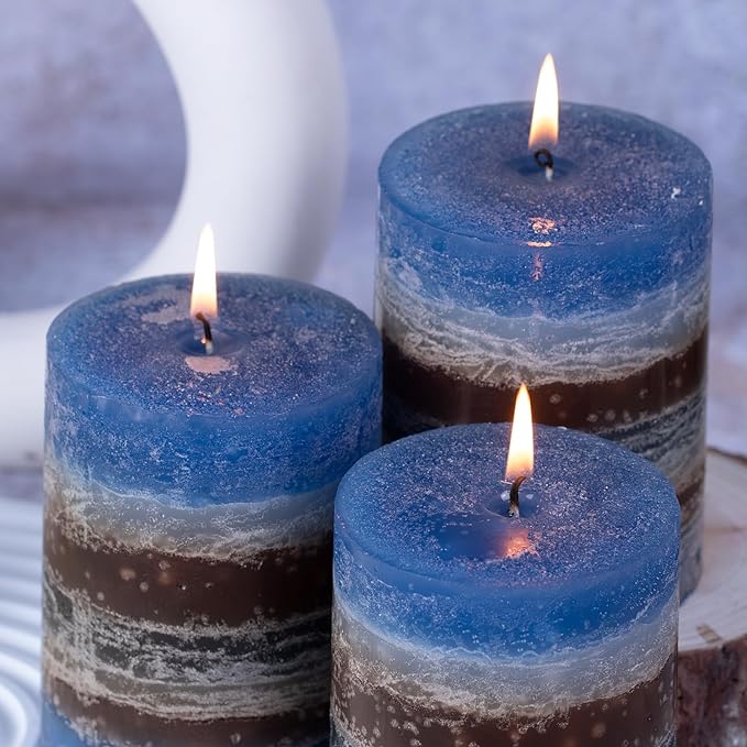 KONNI Blue-Coffee Layered Pillar Candles Set of 3, 3"x 4" Unscented Pillar Candles Bulk, 39 Hours