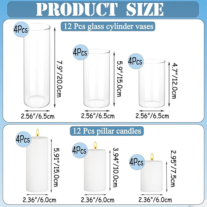 24 Pcs White Pillar Candles with Glass Candle Holder Hurricane Glass Candle Holders Clear Cylinder