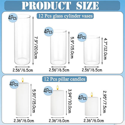 24 Pcs White Pillar Candles with Glass Candle Holder Hurricane Glass Candle Holders Clear Cylinder