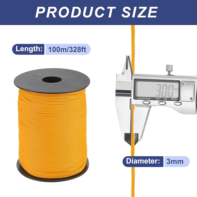 MECCANIXITY 1/8 Inch Polypropylene Rope Braided Ropes, 328ft Nylon Rope Hollow Utility Cord for