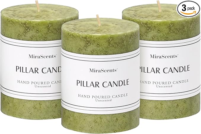3x4 inch Green Pillar Candles Set of 3, Unscented Pillar Candle, Dripless and Smokeless Large