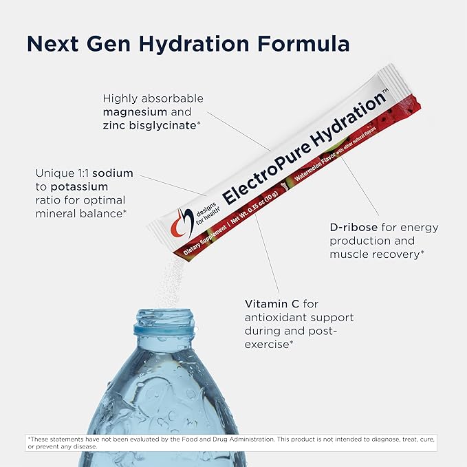 Designs for Health ElectroPure Hydration Packets, Watermelon Flavor - Electrolytes Powder with