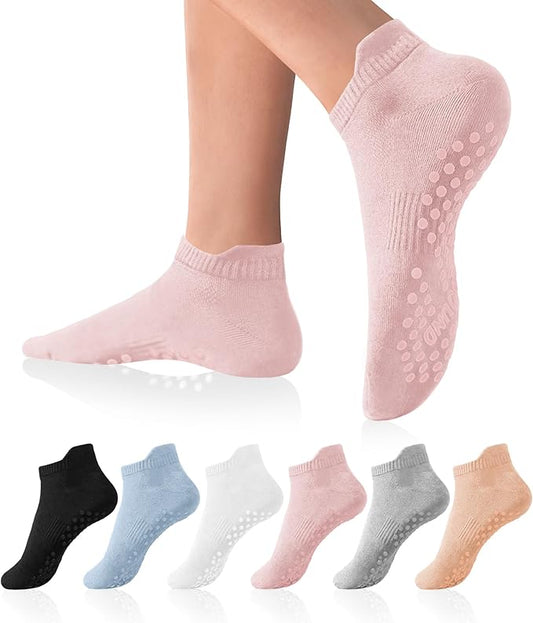 DIBAOLONG Pilates Socks with Grips for Women Yoga Socks Non Slip Barre Hospital Socks 6-Pairs