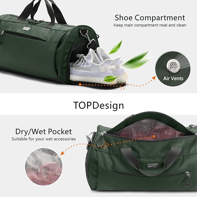 TOPDesign Gym Bag for Women & Men, Unisex Duffel Bag with Shoe Compartment & Wet Pocket for Travel