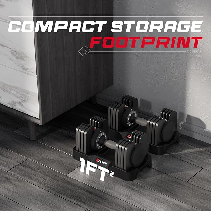 Keppi Adjustable Dumbbells Set-25lb/40lb/55lb/60lb, Anti-Slip Metal Fast Adjust Weight Handle