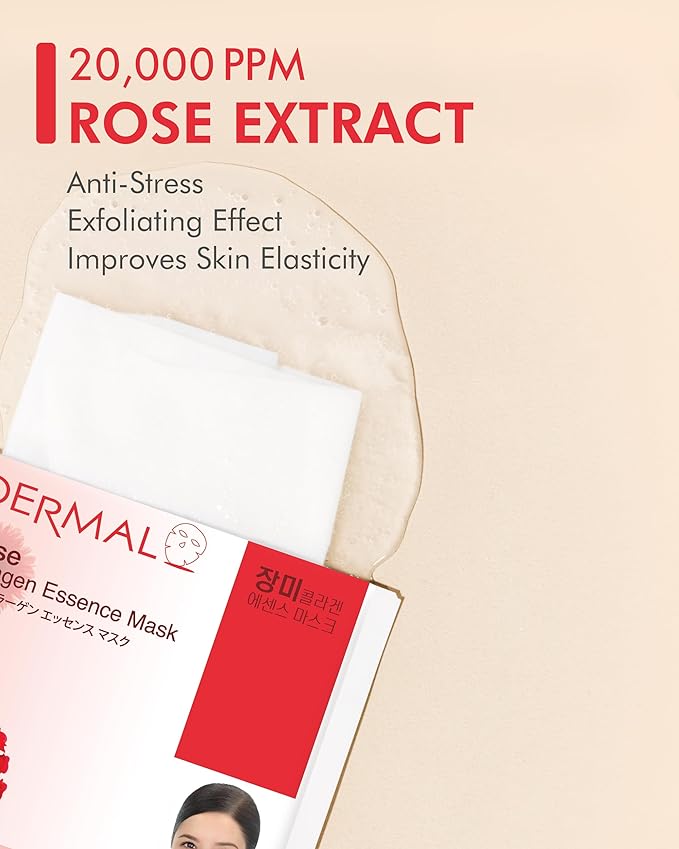 DERMAL Rose Collagen Essence Korean Facial Mask Sheet Pack of 10 - Reviving Tired Skin, Soothing &