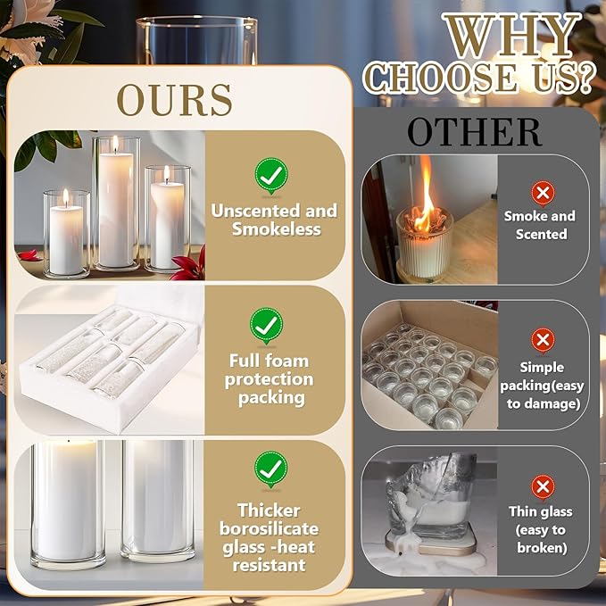 36 PCS White Pillar Candles with Glass Candle Holders Clear Hurricane Candle Holders Glass Cylinder