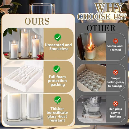 36 PCS Ivory White Pillar Candles with Glass Candle Holders Clear Hurricane Candle Holders Glass
