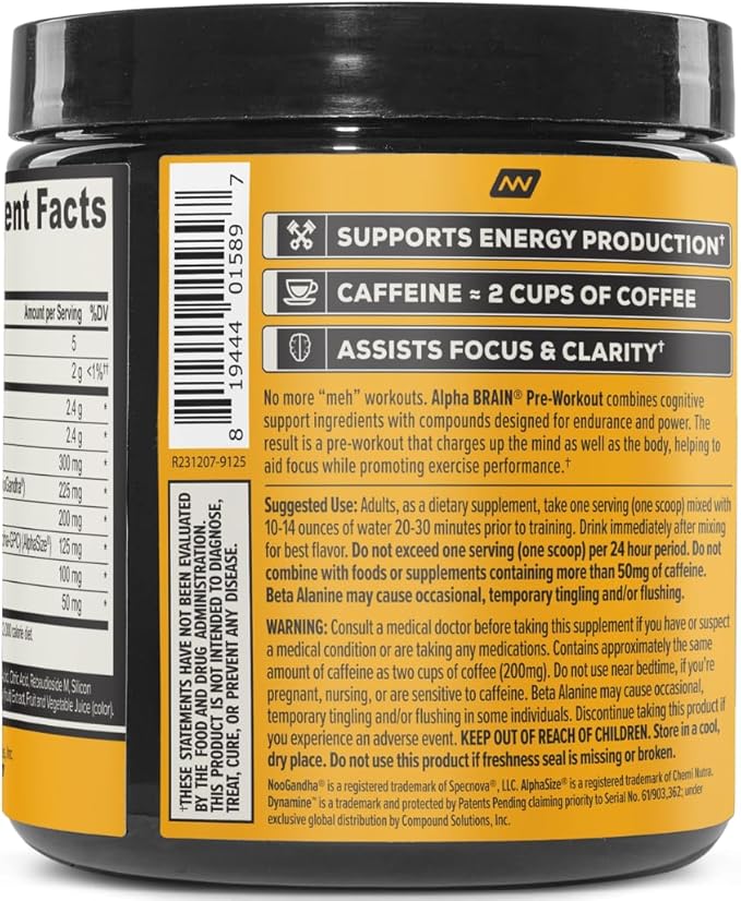 ONNIT Alpha Brain Pre-Workout Powder, Tiger's Blood Flavor, Pre-Workout Supplement for Women and