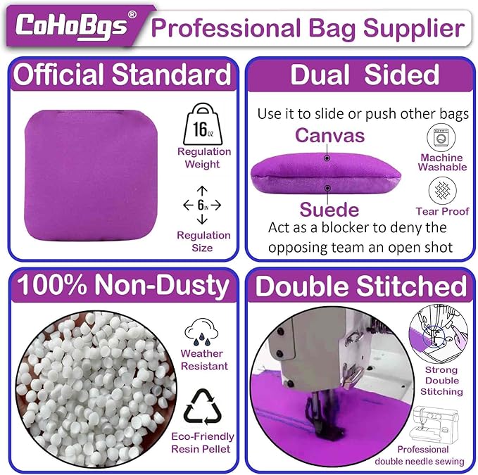 CoHoBgs Corn Hole Bags Set 8, Professional Cornhole Bags Dual-Sided Slick & Stick Resin Filled