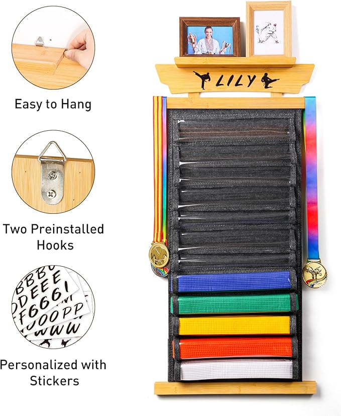 Tilhumt 12/10 Belts Karate Belt Display Rack with Stickers, Taekwondo Belt Display with