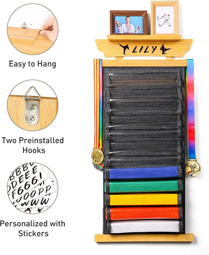 Tilhumt 12/10 Belts Karate Belt Display Rack with Stickers, Taekwondo Belt Display with