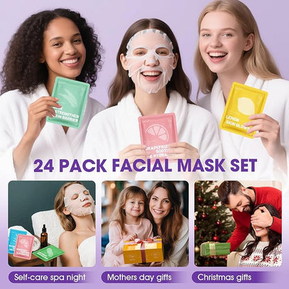 24 Pack Sheet Hydrating Face Masks Skincare, Soothing & Moisturizing Face Mask for All Skin Types