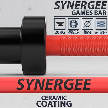 Synergee Games 15kg and 20kg Colored Ceramic Coated Barbells. Rated 1500lbs for Weightlifting and