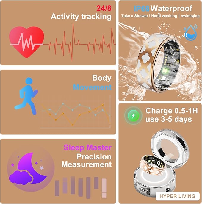 Smart Ring Health Tracker, Sleep Tracker Ring with Heart Rate, Waterproof Fitness Ring for Activity