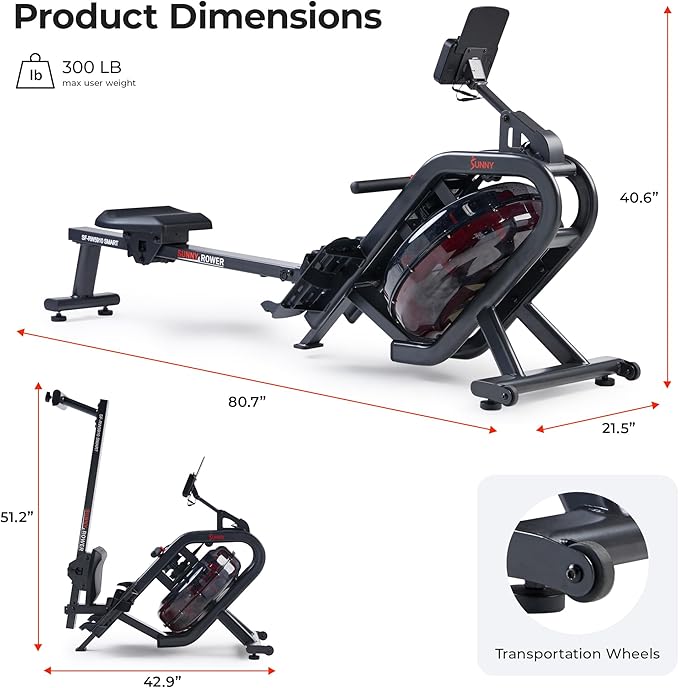 Sunny Health & Fitness Flip & Foldable Rowing Machine for Home w/Extended Slide Rail, Full-Body