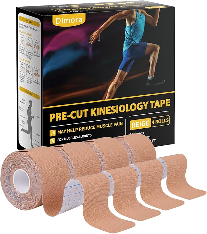 Dimora Kinesiology Tape, 80 Count Precut Strips 4 Rolls, Original Cotton, 10” Elastic Athletic Tape