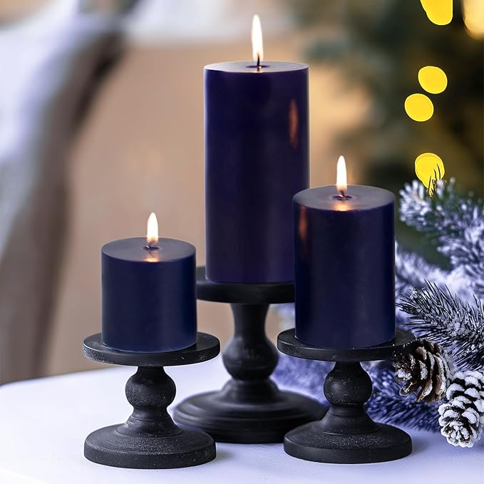 KONNI Navy Blue Pillar Candles Set of 3, 3"x 3" Unscented Pillar Candles Bulk, 30 Hours Long