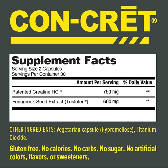 CON-CRET®+ Test, CON-CRET® Patented Creatine HCl Now with Testofen®, Boost Testosterone Levels, 60