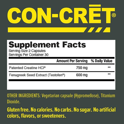 CON-CRET®+ Test, CON-CRET® Patented Creatine HCl Now with Testofen®, Boost Testosterone Levels, 60