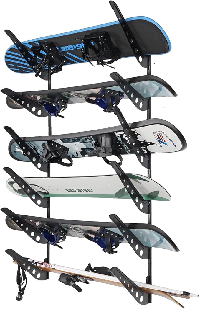 6 Board Snowboard Wall Racks, Adjustable Storage Rack for Ski, Surfboard, Wakeboard, Snowboard Wall