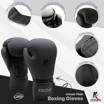 Kruzak Matte Black Boxing Gloves and Pads, Boxing Gloves Training Set for Kickboxing and Muay Thai