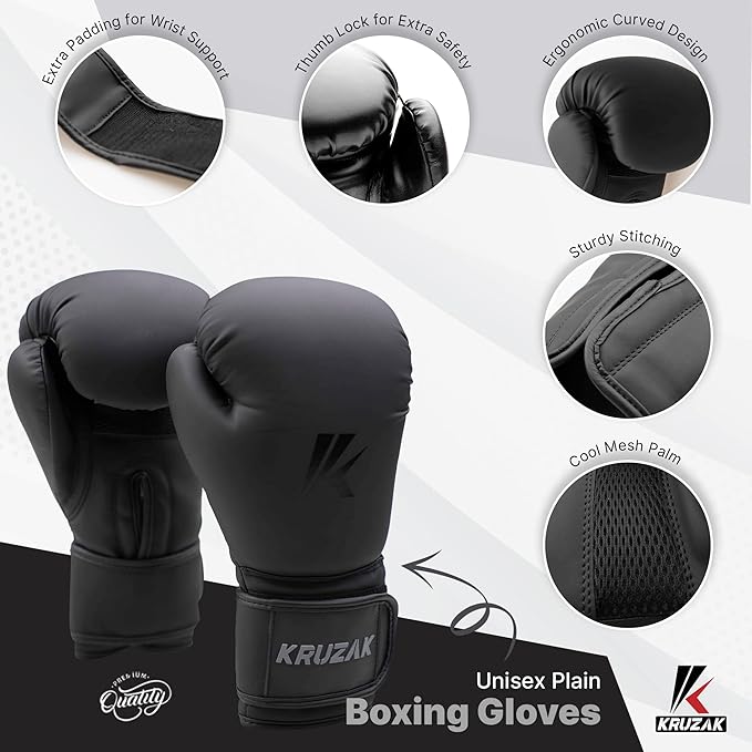 Kruzak Matte Black Boxing Gloves and Pads, Boxing Gloves Training Set for Kickboxing and Muay Thai