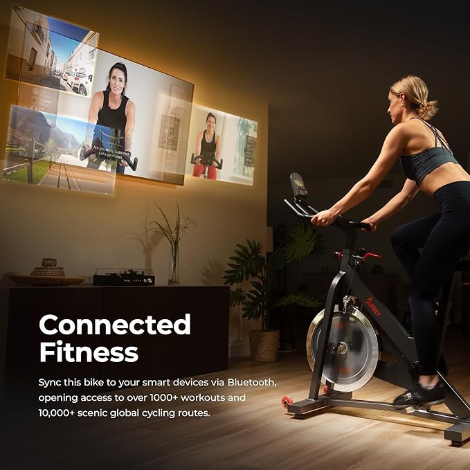 Sunny Health & Fitness Smart Pro Indoor Cycling Exercise Bike, Felt Resistance and Belt Drive, Free
