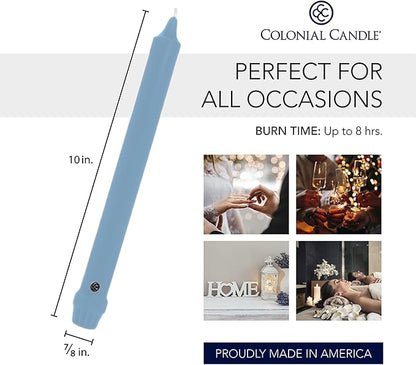 Colonial Candle Unscented Taper Candle, Classic Collection, Coastal Blue, 10 in, Pack of 12 - Up to