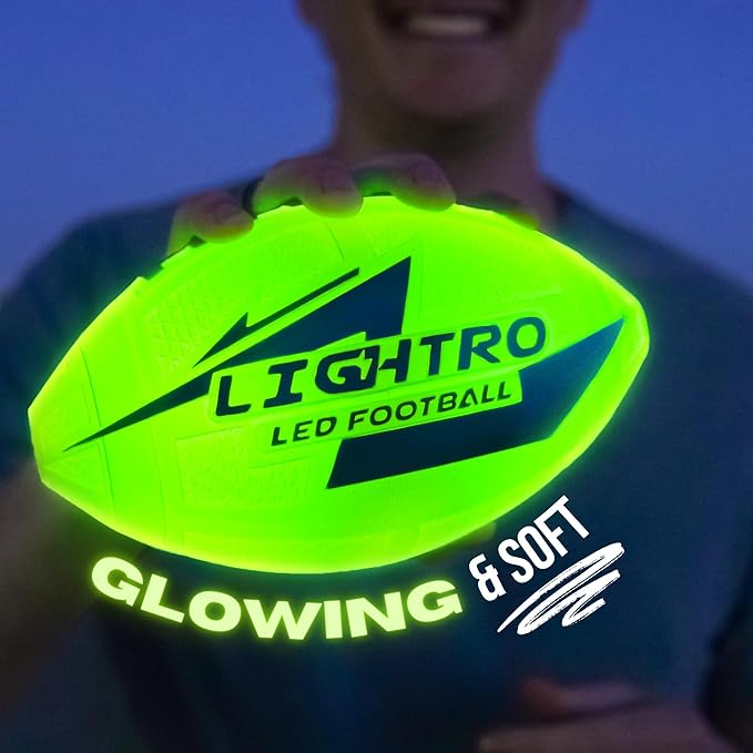 LIGHTRO - Soft Foam Glow in The Dark Football - 8" Youth Size - Super Bright LEDs - Batteries